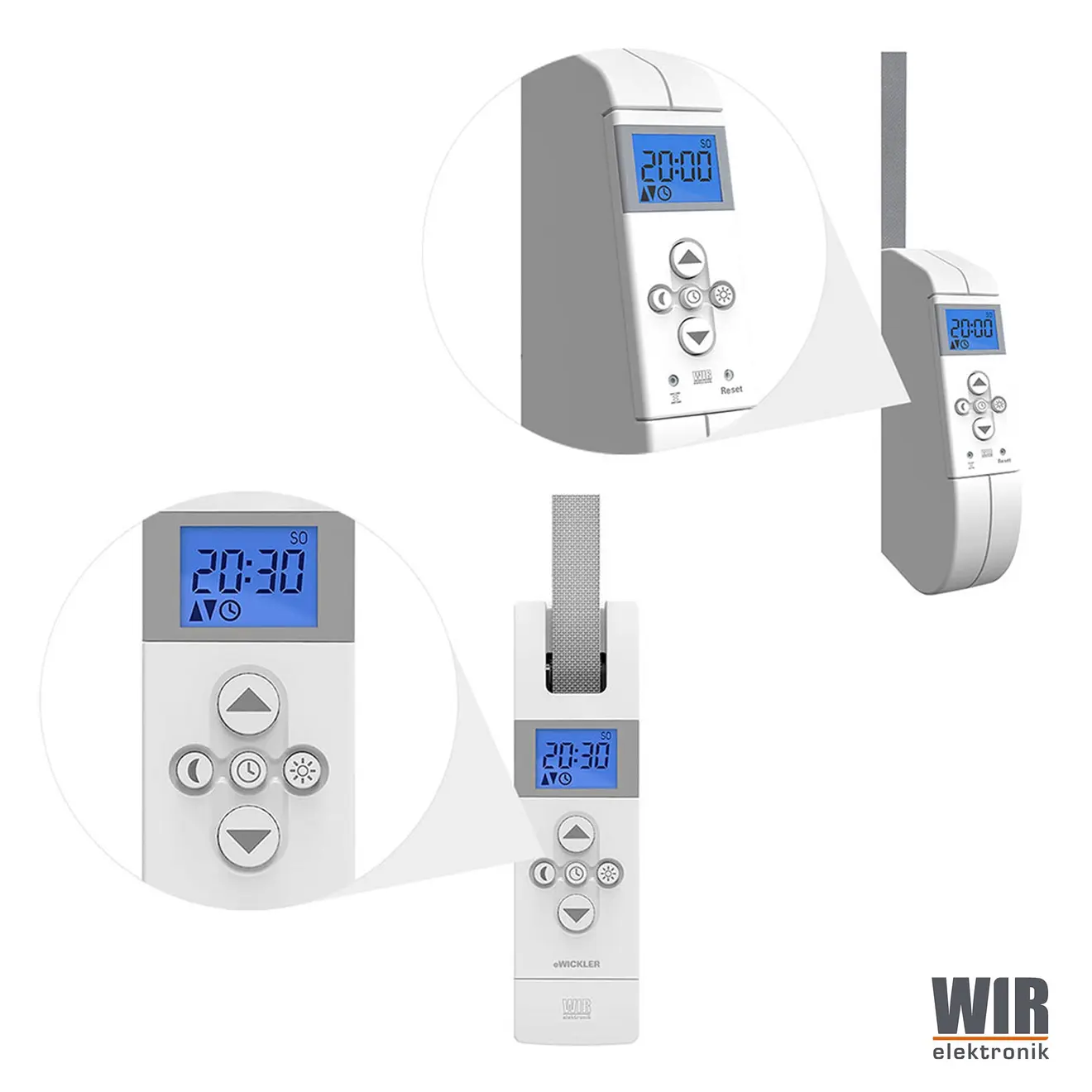 Elektrischer Gurtwickler mit Display und Bedientasten zur Steuerung von Rollläden