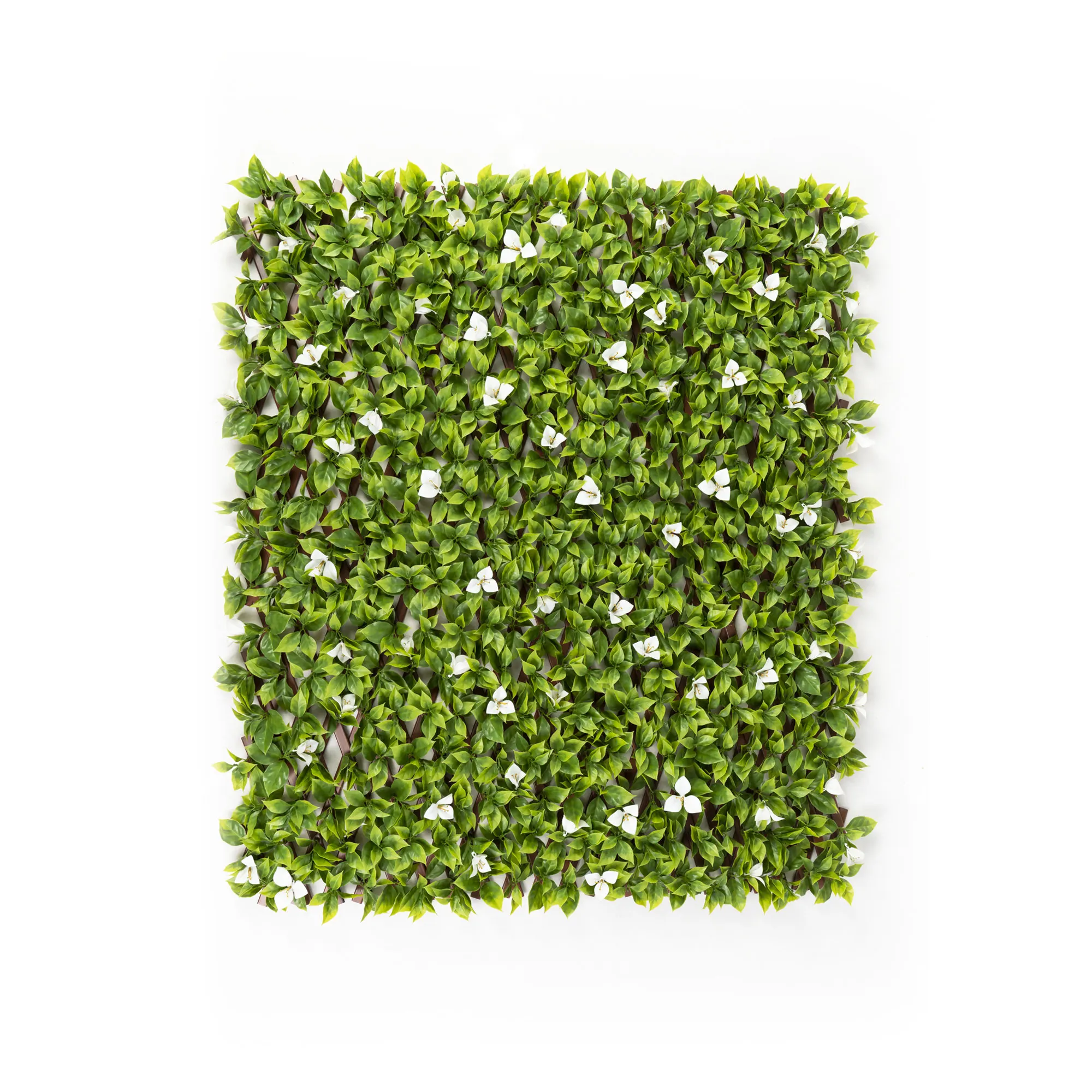 Parete di piante artificiali con fogliame denso e fiori sparsi