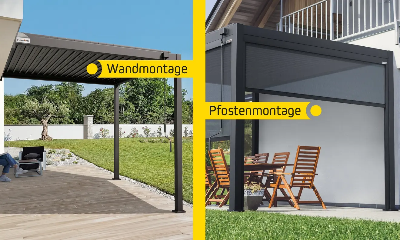 Pergola mit Lamellendach, links Wandmontage, rechts Pfostenmontage, Terrasse mit Möbeln
