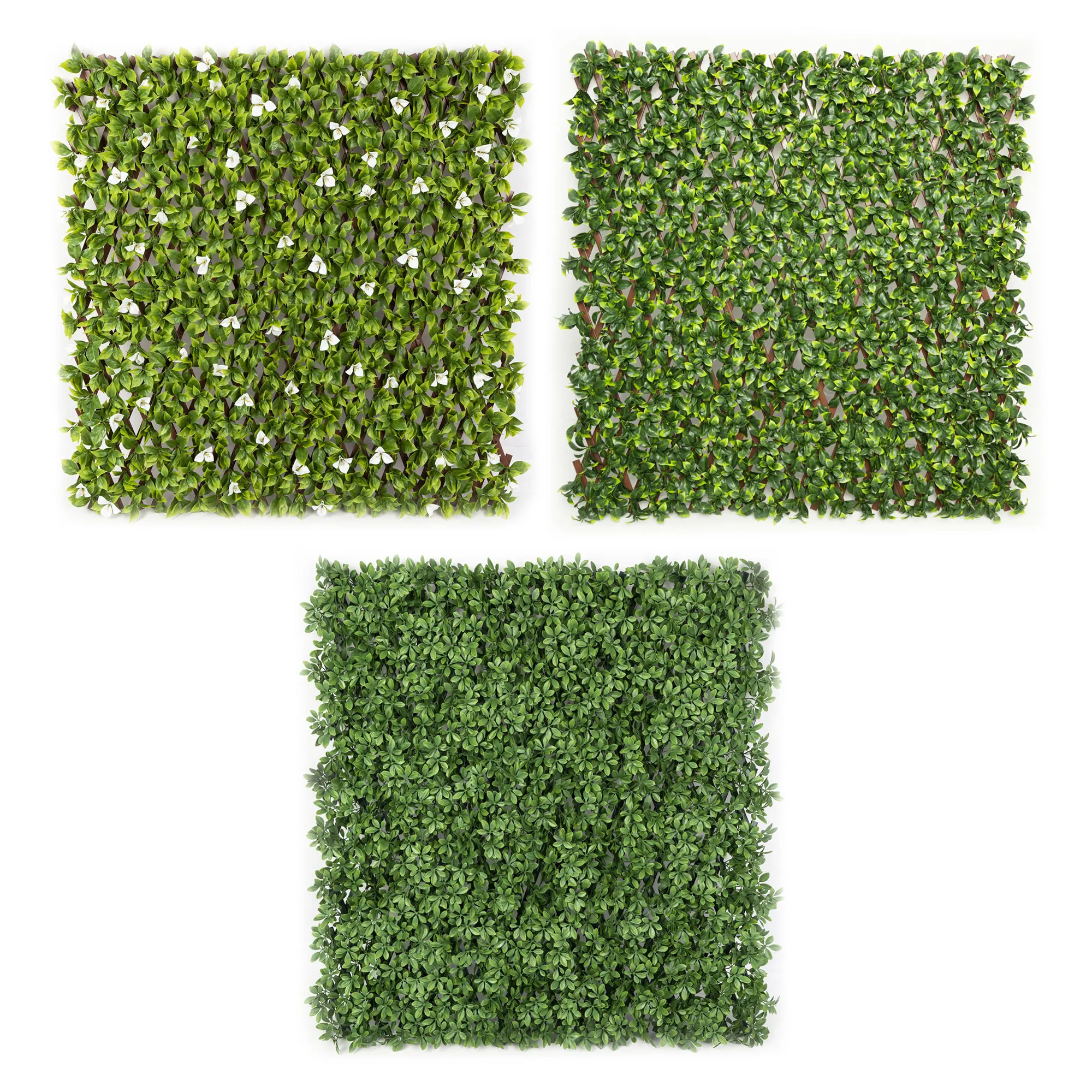 Parete di piante artificiali con fogliame denso e fiori sparsi in disposizione quadrata