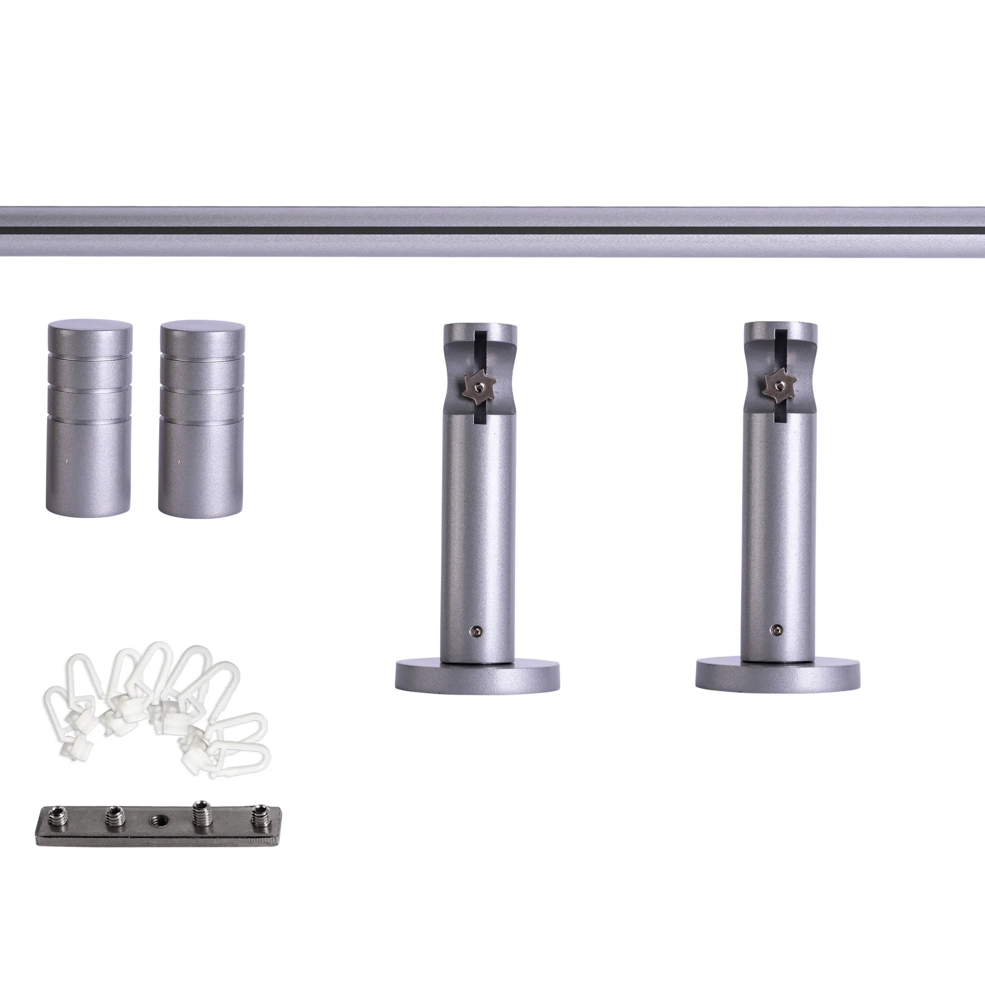 Set tringles à rideaux à rail intérieur | 1 rail, ⌀ 19 mm, 120 cm, argenté + Support mural, Embout rainuré, Glisseur