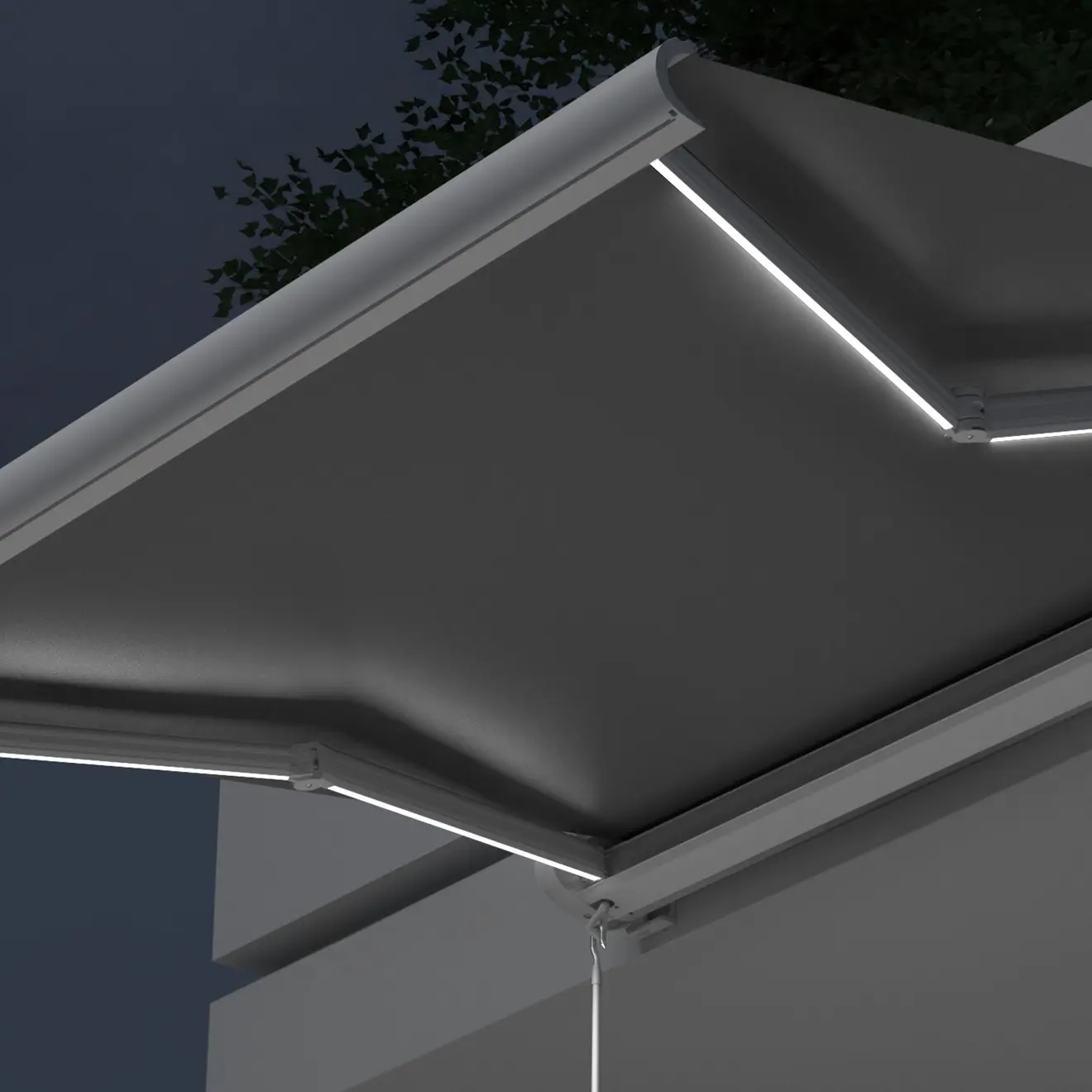 Kassettenmarkise Curve LED mit integrierter LED-Beleuchtung in den Gelenkarmen