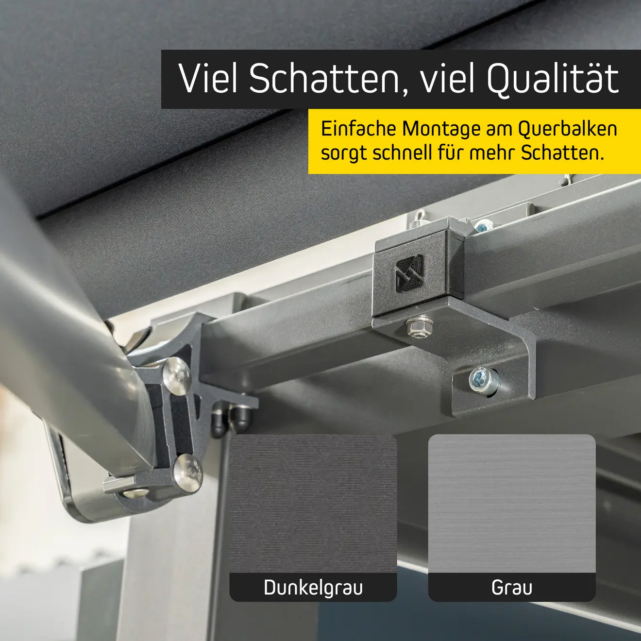 Markise Summer für Pergola mit Lamellendach, Detailansicht der Montage am Querbalken