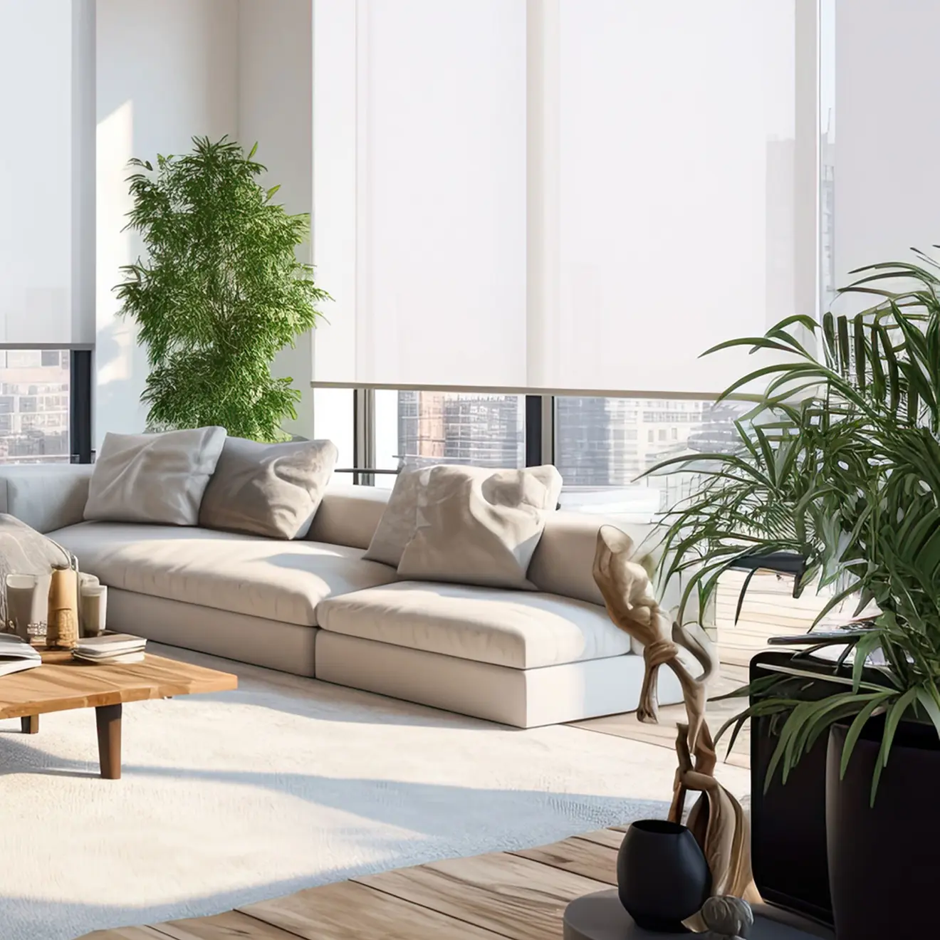 Modernes Wohnzimmer mit elektrischem Smart Rollo und großen Fenstern, Pflanzen im Raum