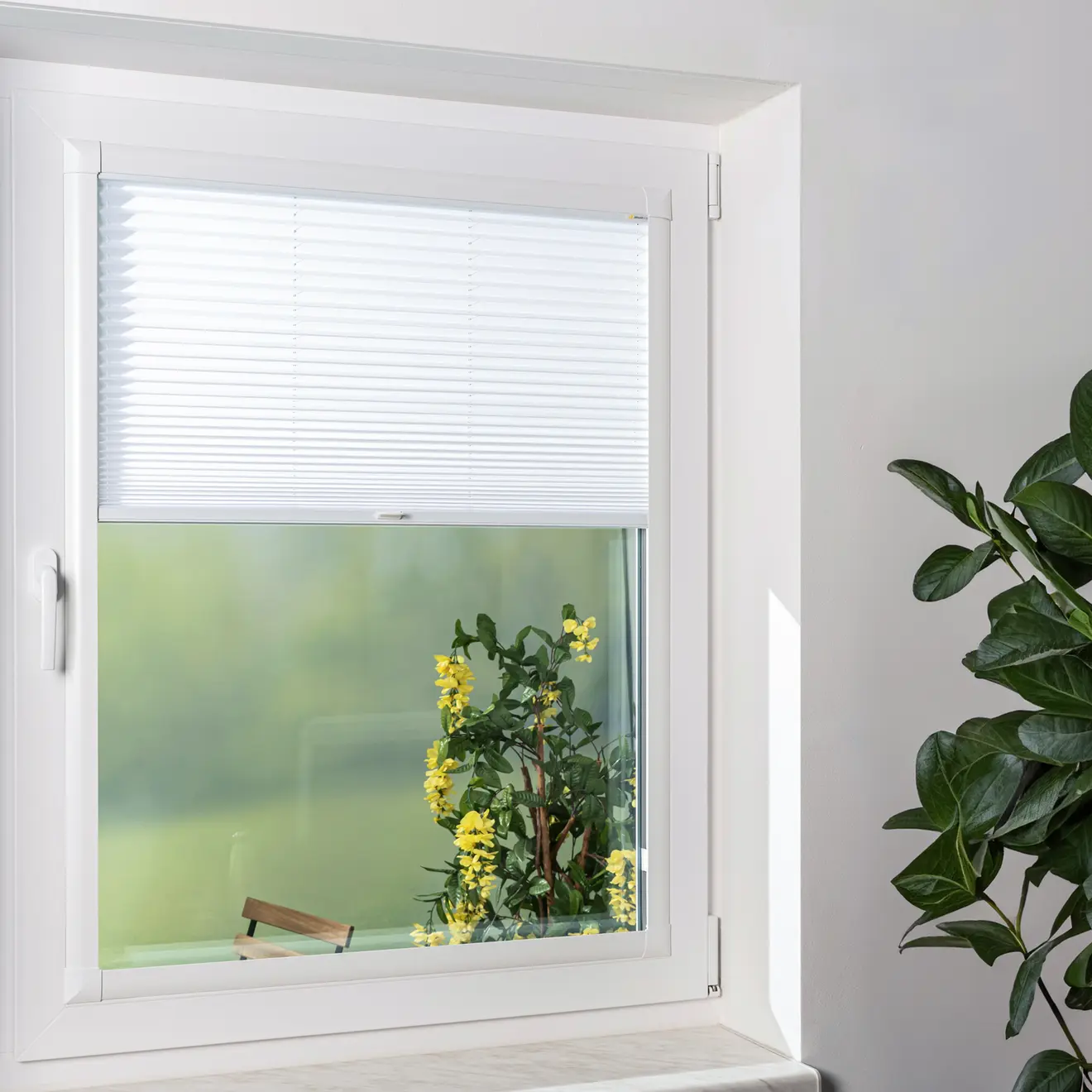PrimeFit Plissee am Fenster mit Blick auf Terrasse
