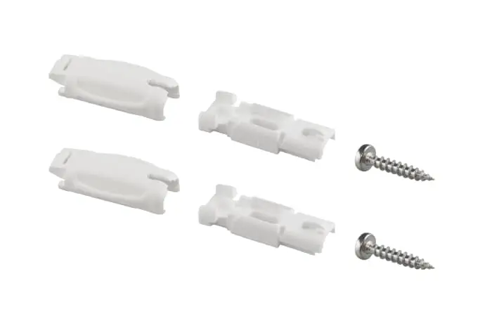 Zwei Spannschuhe mit Schrauben zur Befestigung, geeignet für Möbelmontage oder Konstruktionen