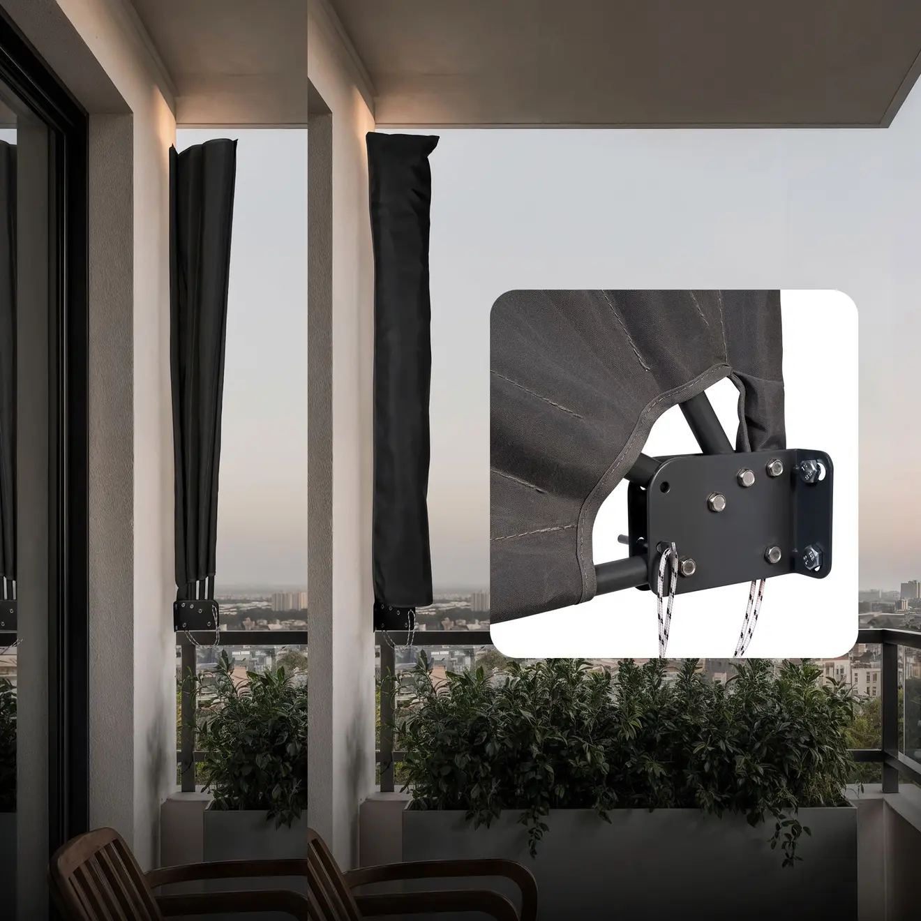 Geschlossener Balkonfächer als seitlicher Sicht- und Sonnenschutz, montiert an einer Balkonbrüstung; zusätzlich eine Detailansicht der Metallhalterung mit Befestigungsschrauben.