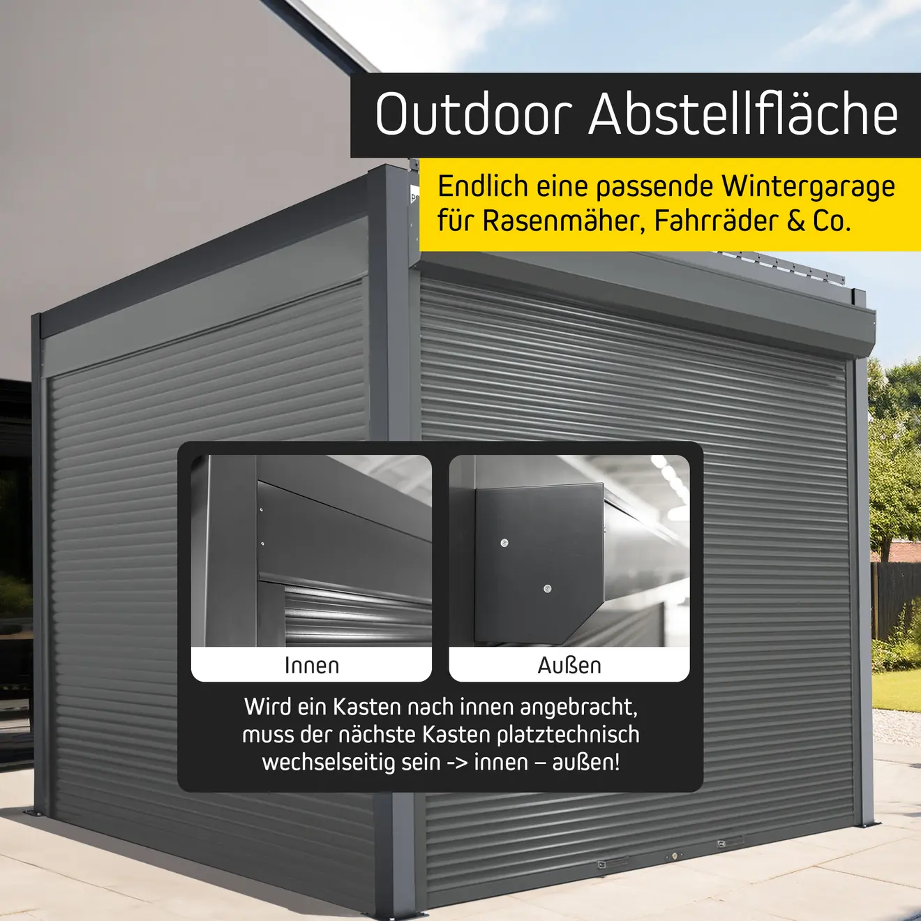 Rollladen für Pergola mit Lamellendach, geschlossen, zeigt Innen- und Außenansicht