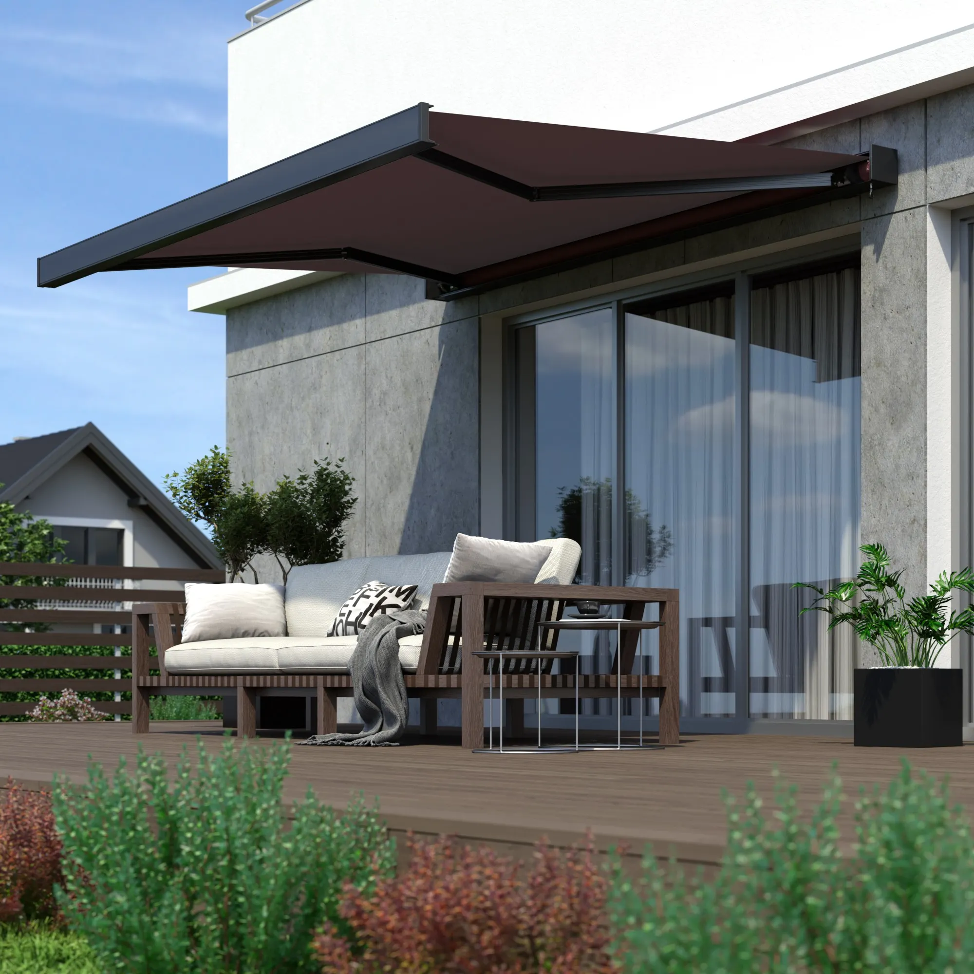 Kassettenmarkise Line | 4,5 x 3 m / Gestell: anthrazit matt / Stoff: Uni, weinrot