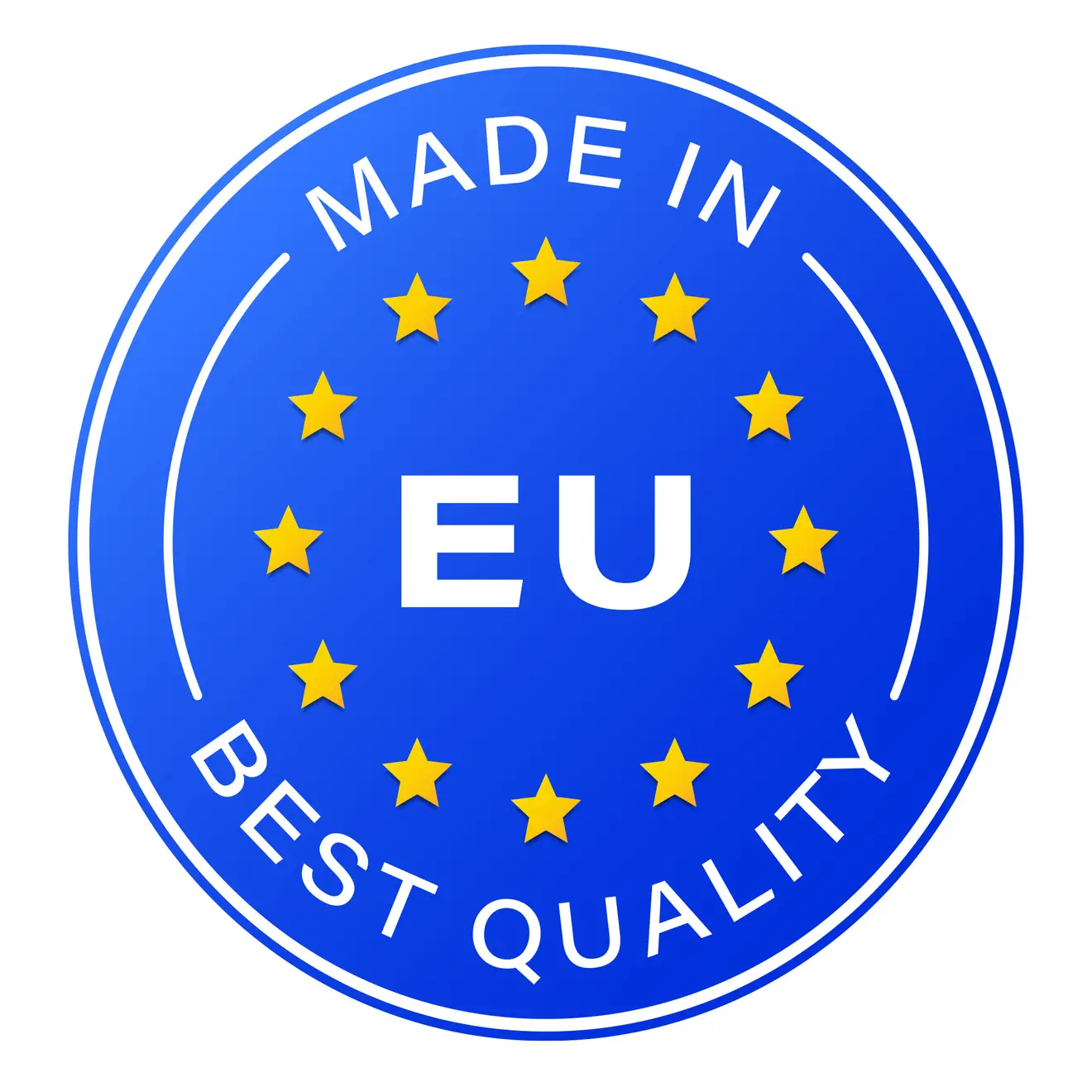 Siegel mit EU-Sternen und Text "Made in EU Best Quality"