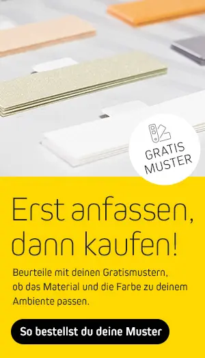 Verschiedene Materialmuster mit Text "Gratis Muster" und "Erst anfassen, dann kaufen"