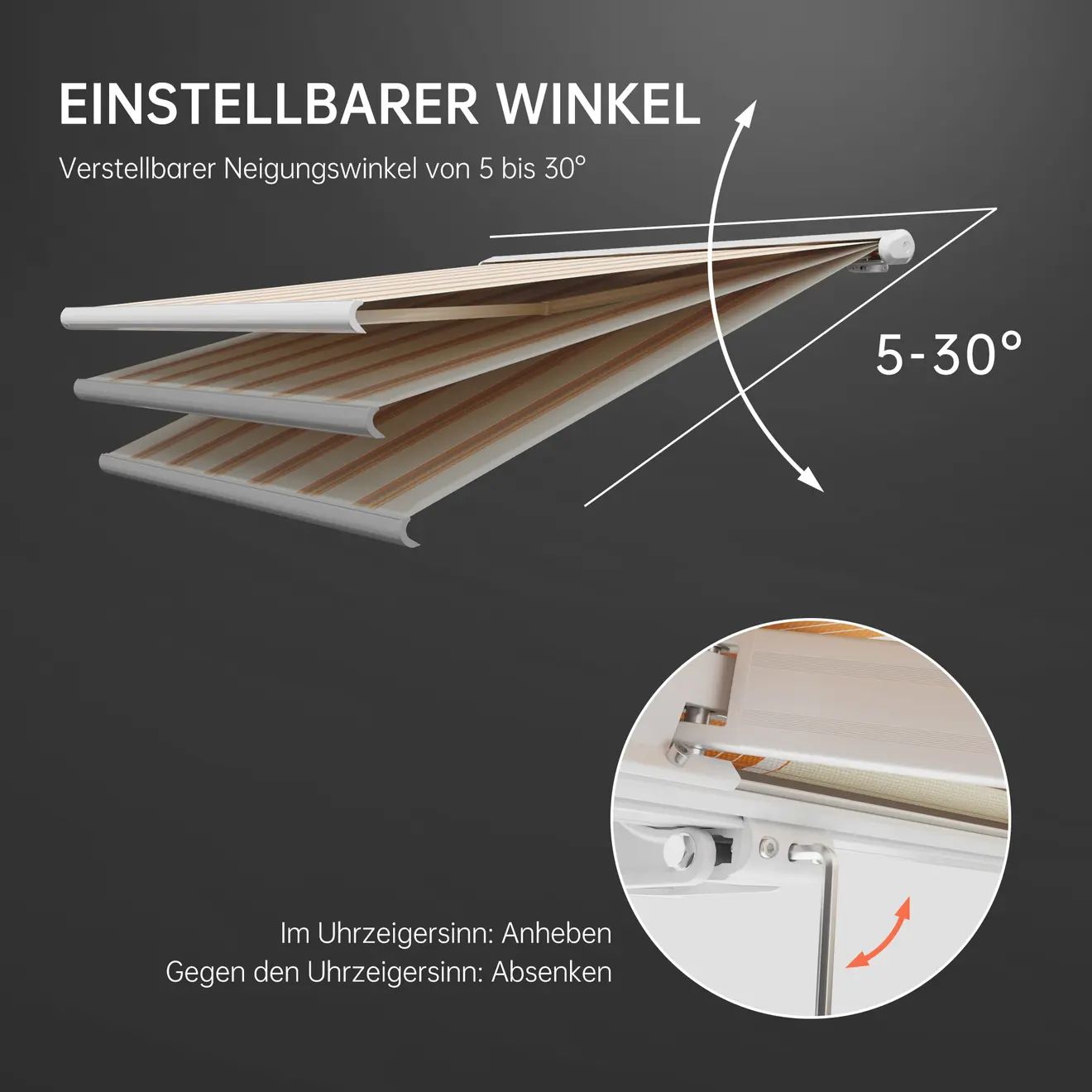 Kassettenmarkise Curve 2000 mit verstellbarem Neigungswinkel von 5 bis 30 Grad