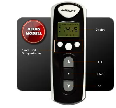 Telecomando con display e tasti per selezione canale, su, stop, giù