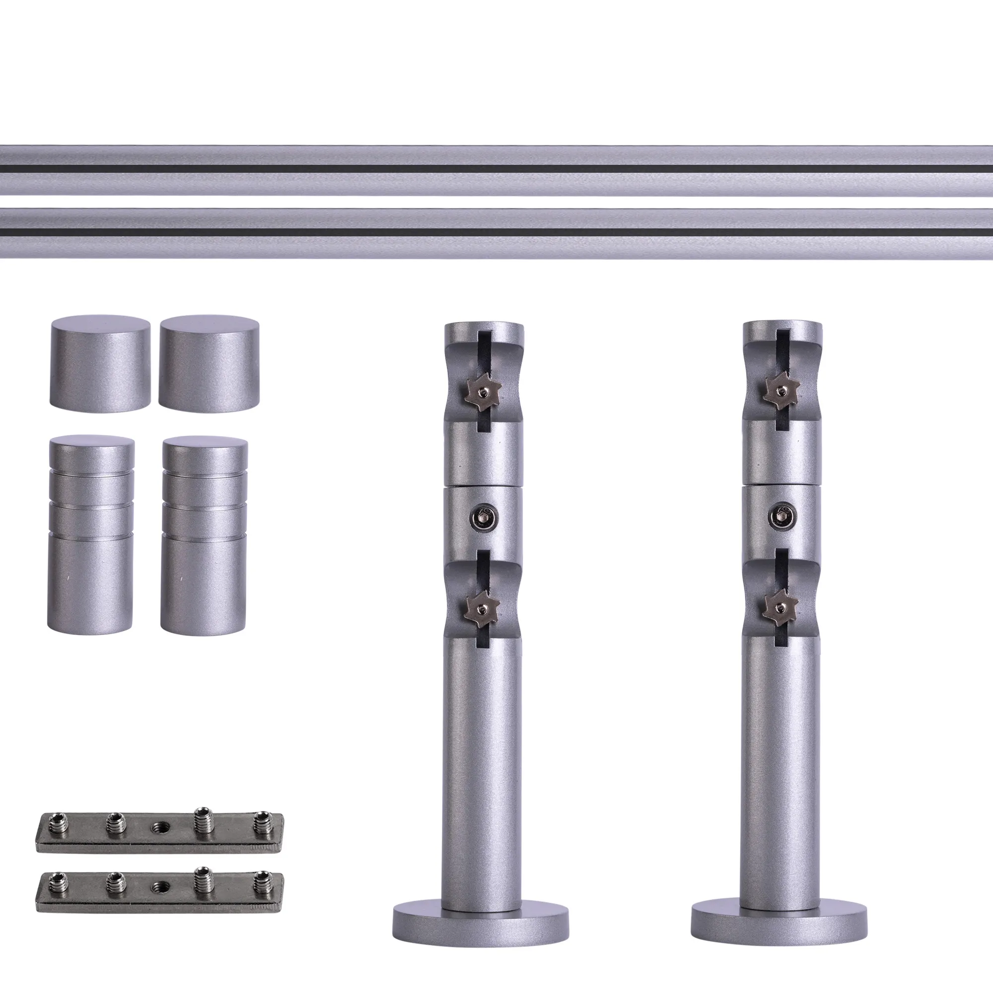 Set tringles à rideaux à rail intérieur | 2 rails, ⌀ 19 mm, 120 cm, argenté + Support mural, Embout rainuré