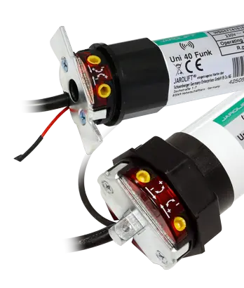 Funk-Rollladenmotor Universal, zylindrische Form mit Kabelanschlüssen und Montagehalterung