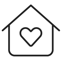 Icon eines Hauses mit Herz in der Mitte, symbolisiert Geborgenheit oder Zuhause