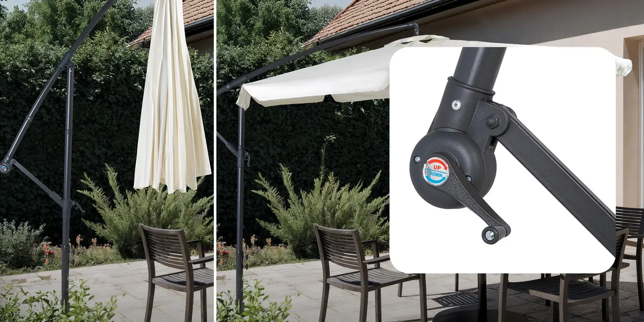 Ampelschirm im geschlossenen und geöffneten Zustand mit Detail der Kurbelmechanik und Aufdruck UP DOWN