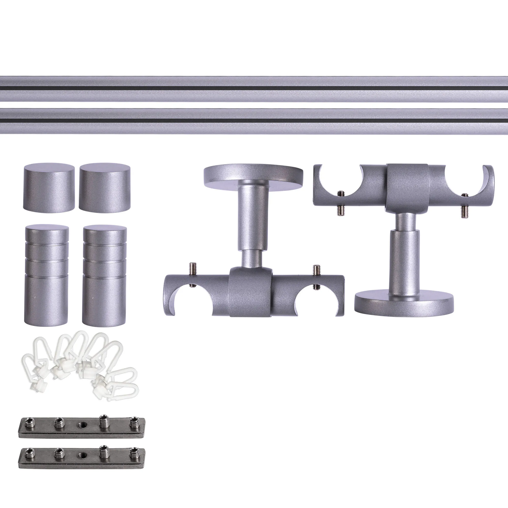 Set tringles à rideaux à rail intérieur | 2 rails, ⌀ 19 mm, 140 cm, argenté + Support plafond, Embout rainuré, Glisseur