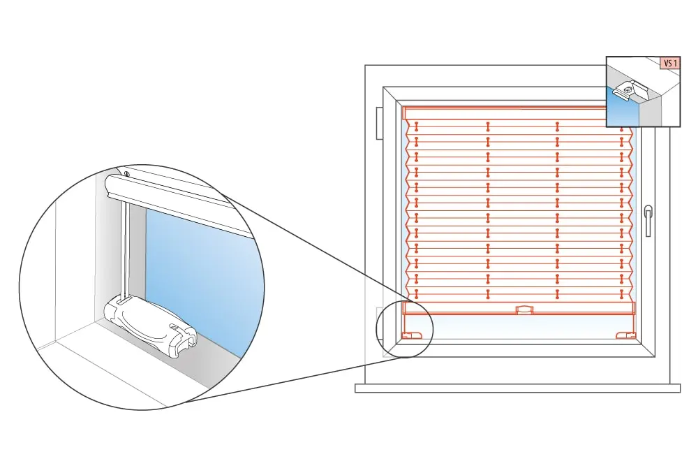 Plissee am Fenster mit Zoom auf Befestigungselemente und Mechanismus zur Höhenverstellung