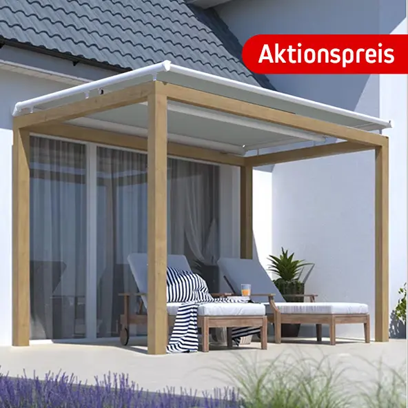 Terrassenüberdachung mit Markise und Sitzmöbeln vor einem Haus, Aktionspreis angezeigt