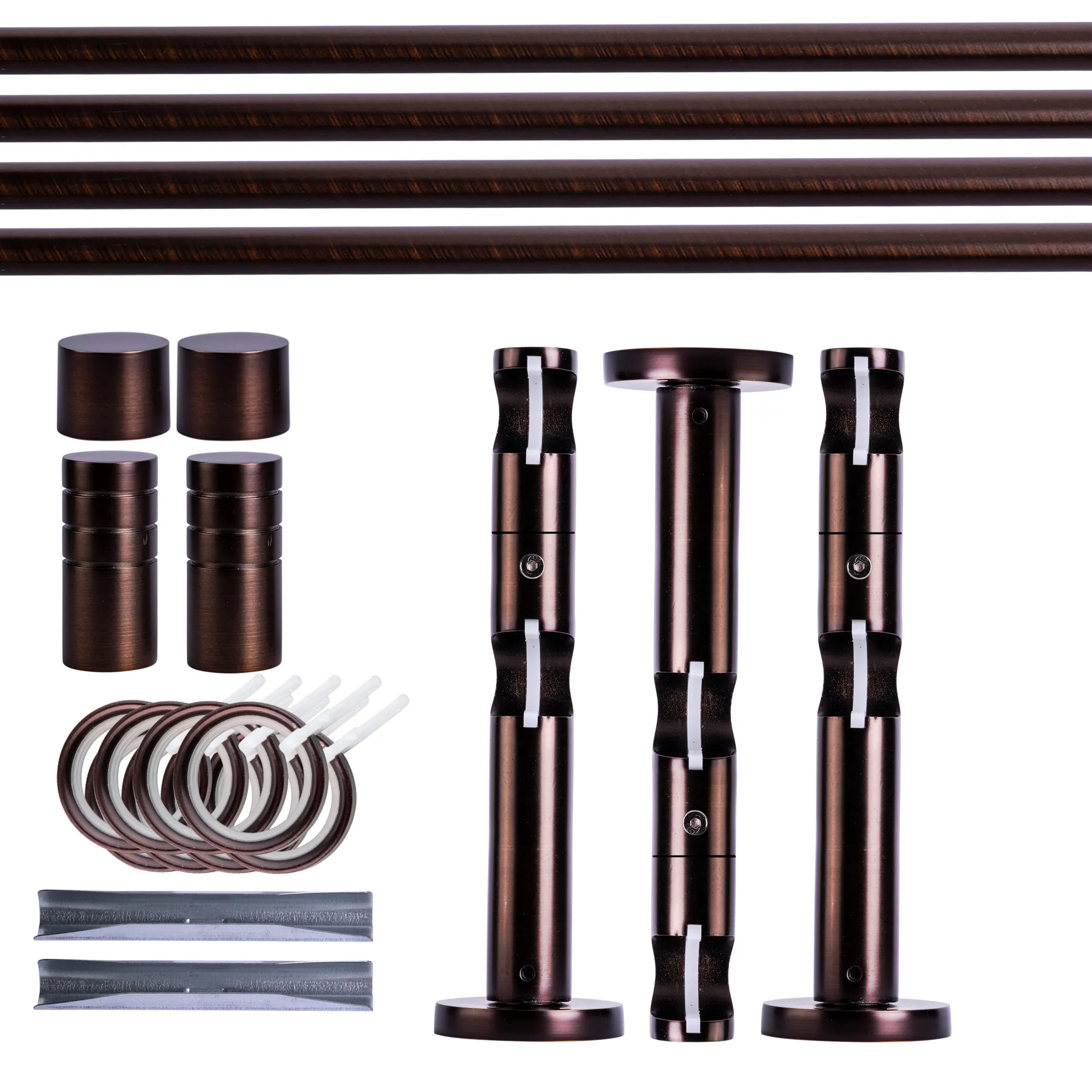 Zestaw karniszy | 2 szyny, ⌀ 19 mm, 240 cm, brązowo-czerwony + Uchwyt ścienny, Końcówka żłobkowana, Pierścień