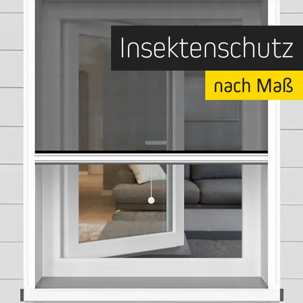 Fenster mit maßgeschneidertem Insektenschutzgitter, geöffnet, Innenraum sichtbar