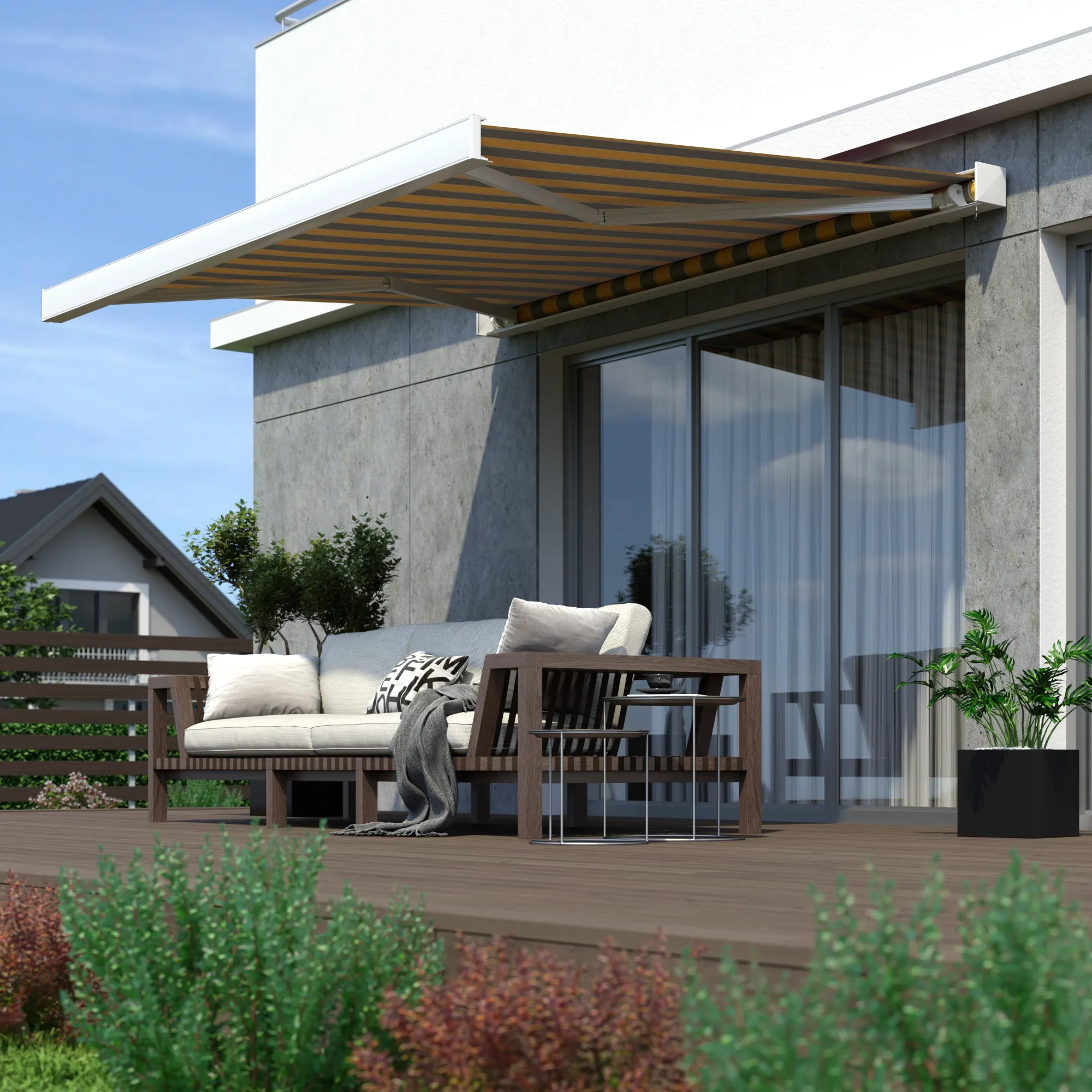 Kassettenmarkise Line | 6 x 3 m / Gestell: weiß / Stoff: Block, gelb-grau