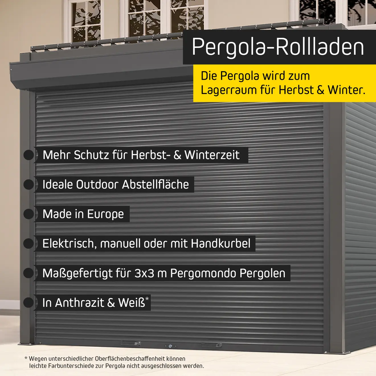 Rollladen für Pergola mit Lamellendach, bietet Schutz und Lagerraum für Outdoor-Bereiche