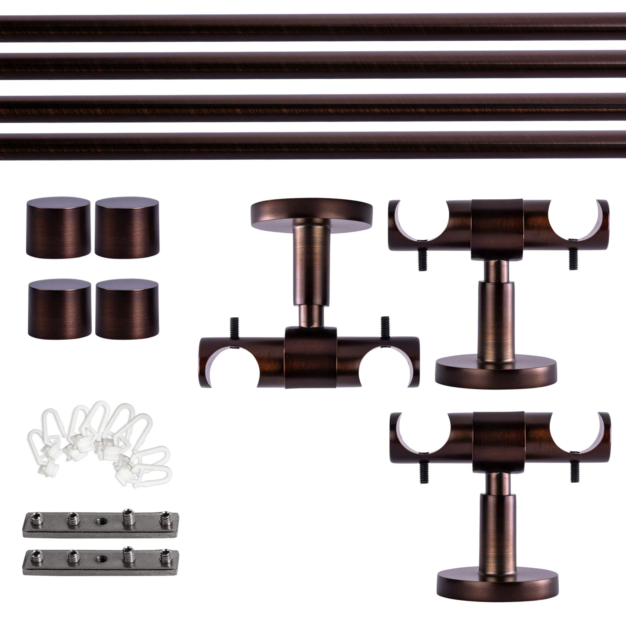 Set tringles à rideaux à rail intérieur | 2 rails, ⌀ 19 mm, 240 cm, rouge-bronze + Support plafond, Embout, Glisseur