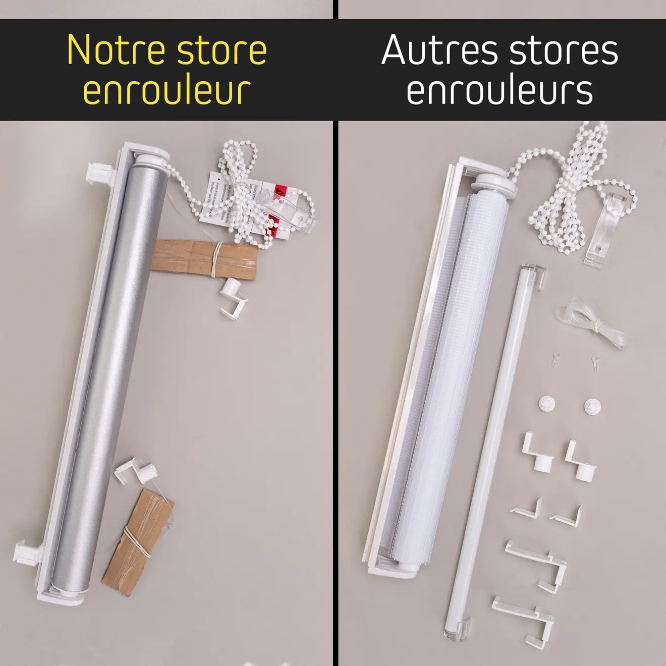 Comparaison « Notre store enrouleur » et « Autres stores enrouleurs », store prémonté à côté d’un store en pièces détachées