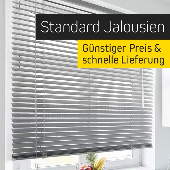 Horizontale Jalousie an einem Fenster, Werbetext für Standard Jalousien