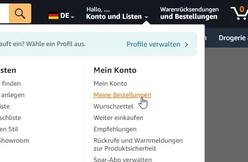 Benutzeroberfläche einer Online-Einkaufsplattform mit Menüoptionen für Kontoverwaltung
