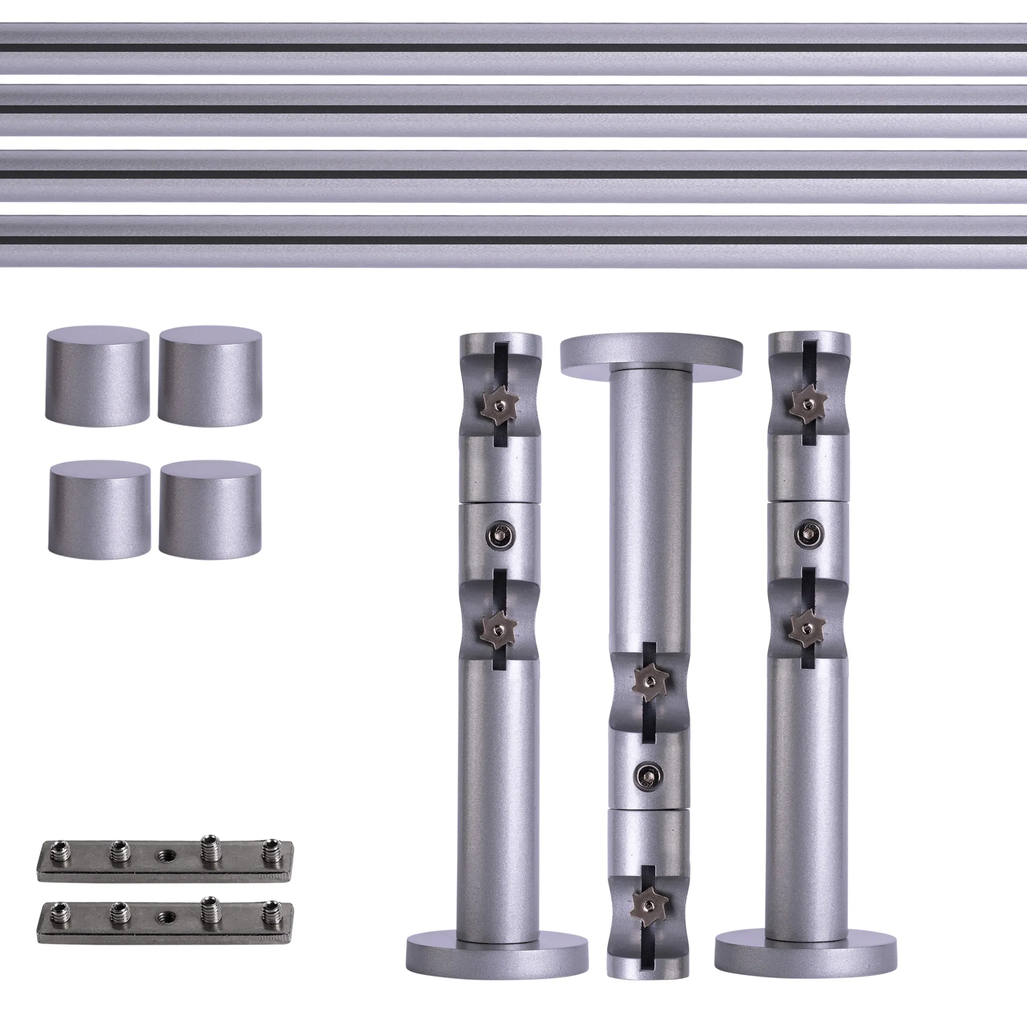 Set tringles à rideaux à rail intérieur | 2 rails, ⌀ 19 mm, 240 cm, argenté + Support mural, Embout