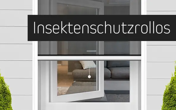 Fenster mit Insektenschutzrollo, halb geöffnet, zeigt Innenraum mit Sofa