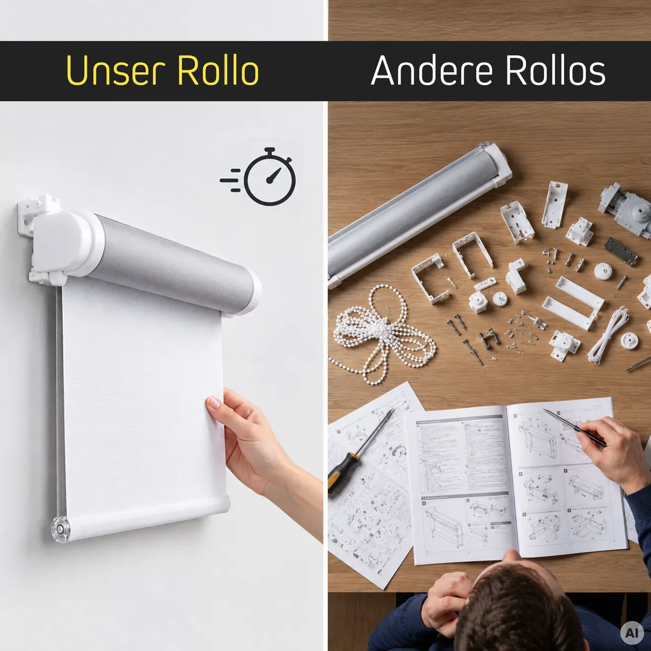 Vergleich mit Text „Unser Rollo“ und „Andere Rollos“, vormontiertes Rollo neben Rollo in Einzelteilen