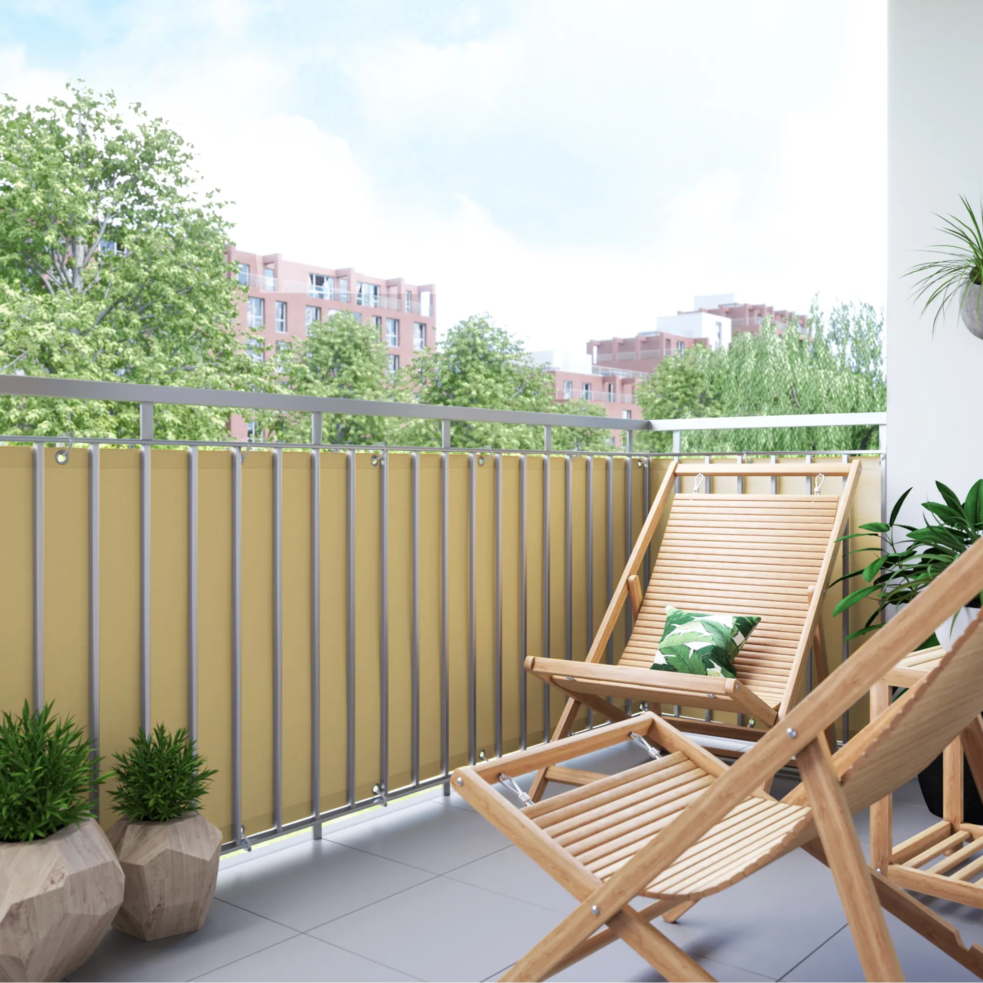 Rivestimento del balcone in poliestere, impermeabile, fissato al parapetto, con lettini e piante