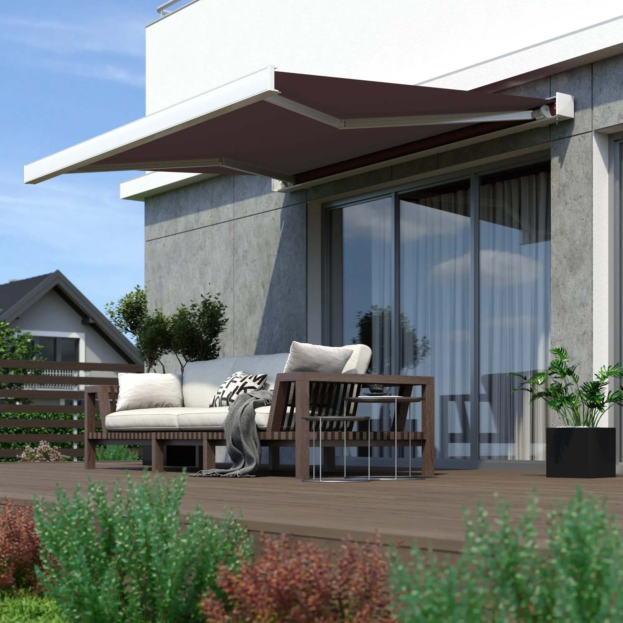 Kassettenmarkise Line | 4,5 x 3 m / Gestell: weiß / Stoff: Uni, weinrot