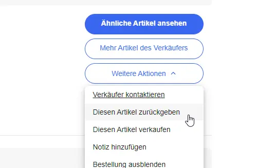 Dropdown-Menü auf einer Webseite mit Optionen zur Artikelverwaltung