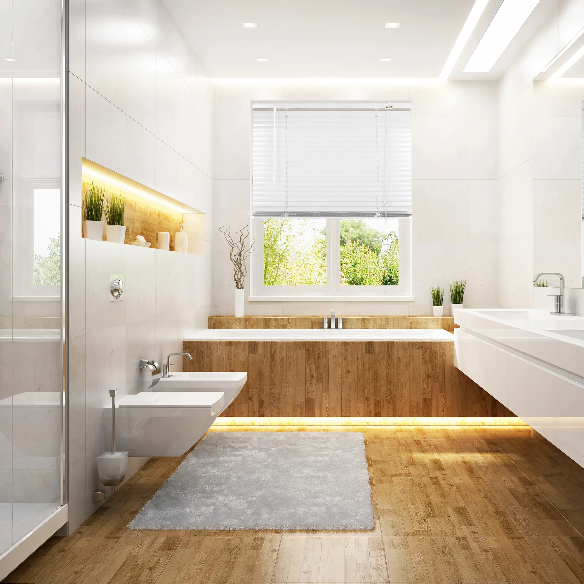 Persiana in alluminio in un bagno moderno, montata su finestre, regola l'ingresso di luce