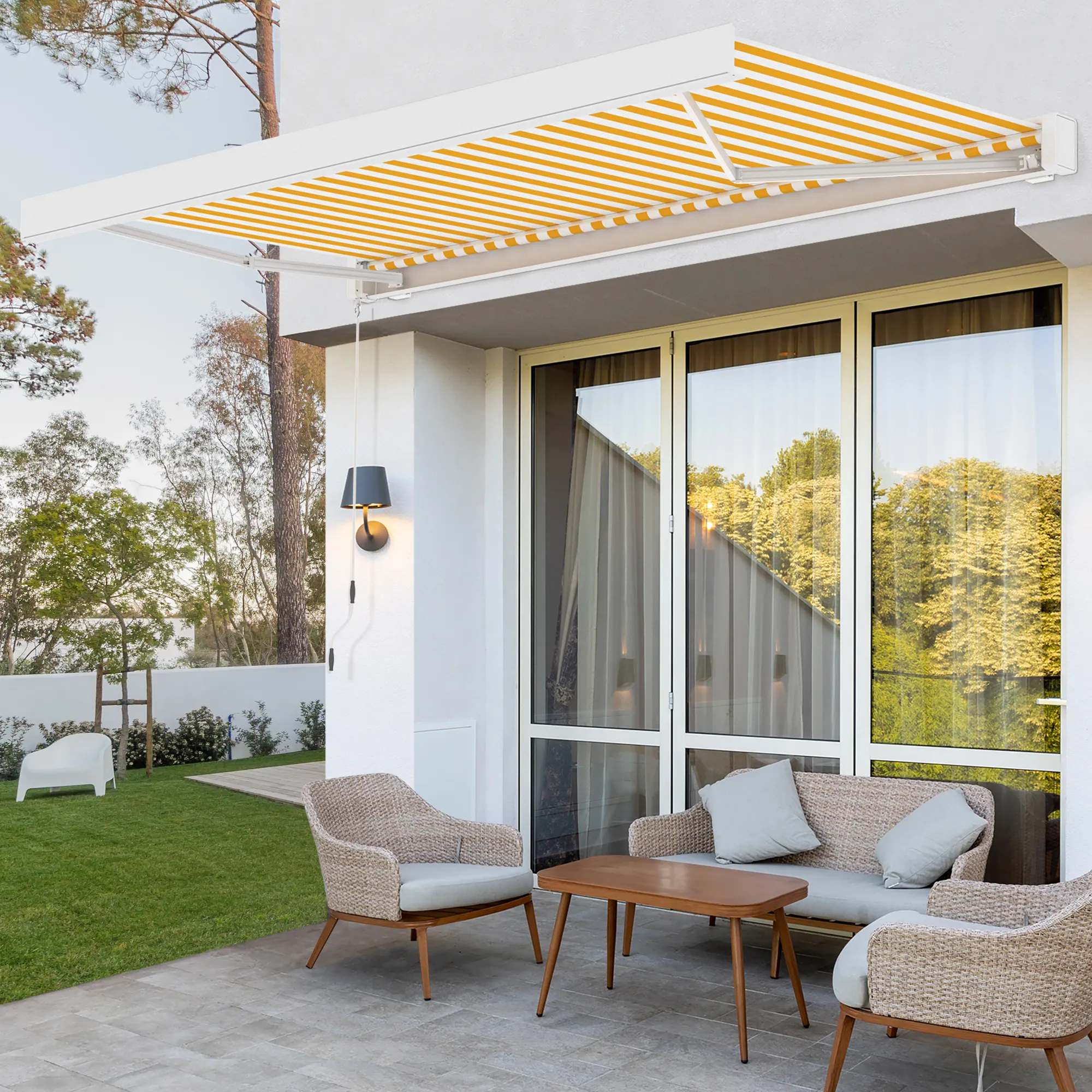 Markiza w kasecie Quadris LED | 3,45 x 3 m, biały, tkanina: żółto-biały, dwukolorowa