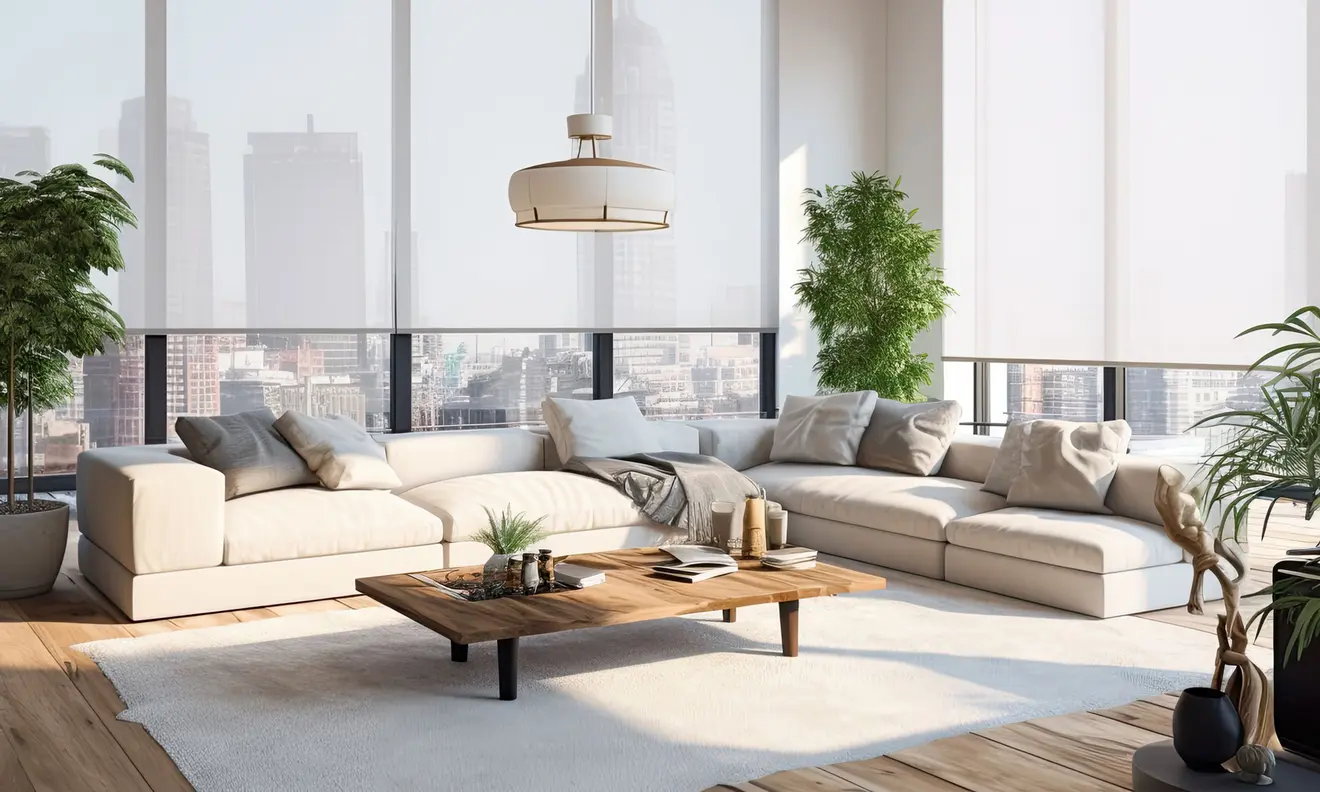 Modernes Wohnzimmer mit elektrischem Smart Rollo, großen Fenstern und gemütlicher Sitzecke