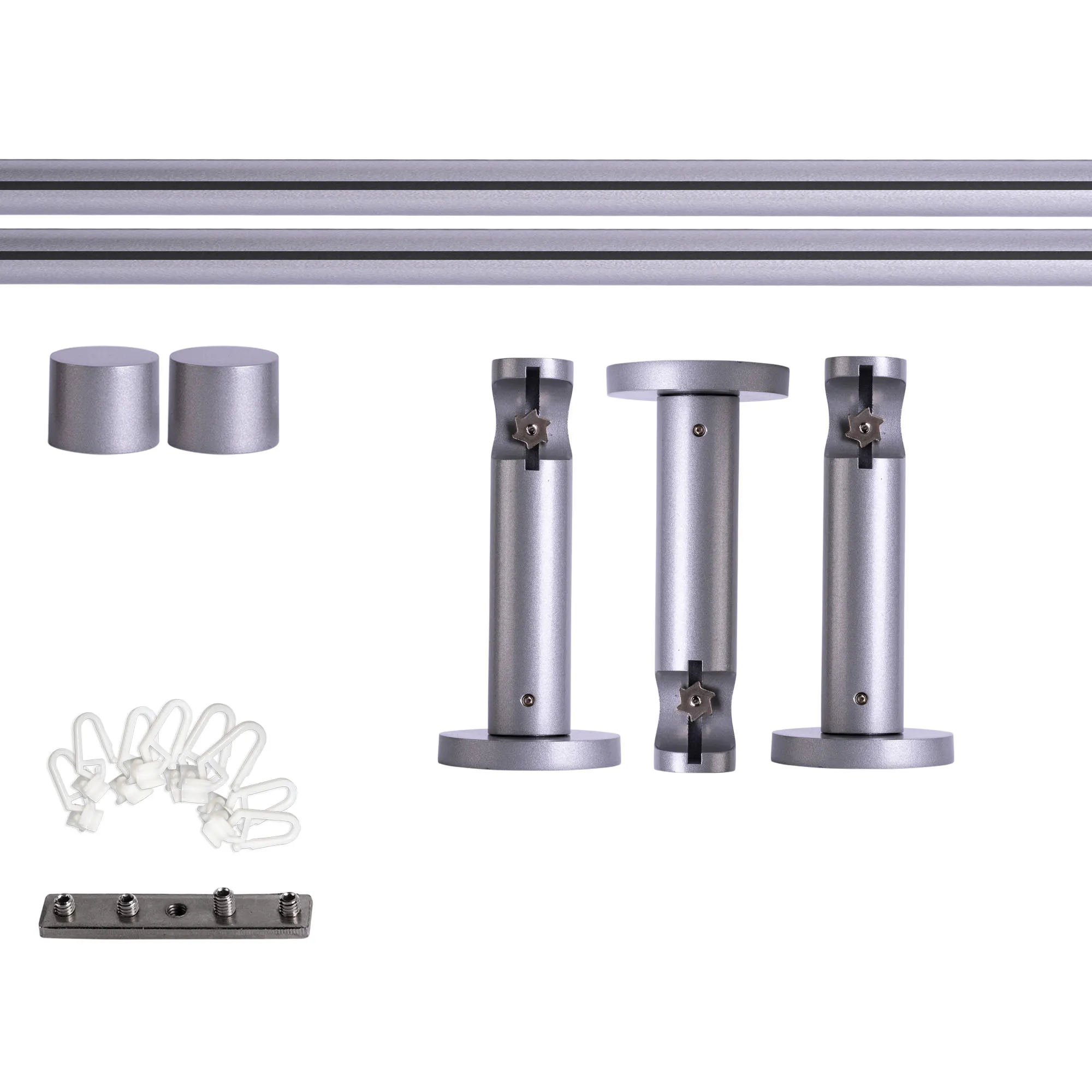 Set tringles à rideaux à rail intérieur | 1 rail, ⌀ 19 mm, 280 cm, argenté + Support mural, Embout, Glisseur