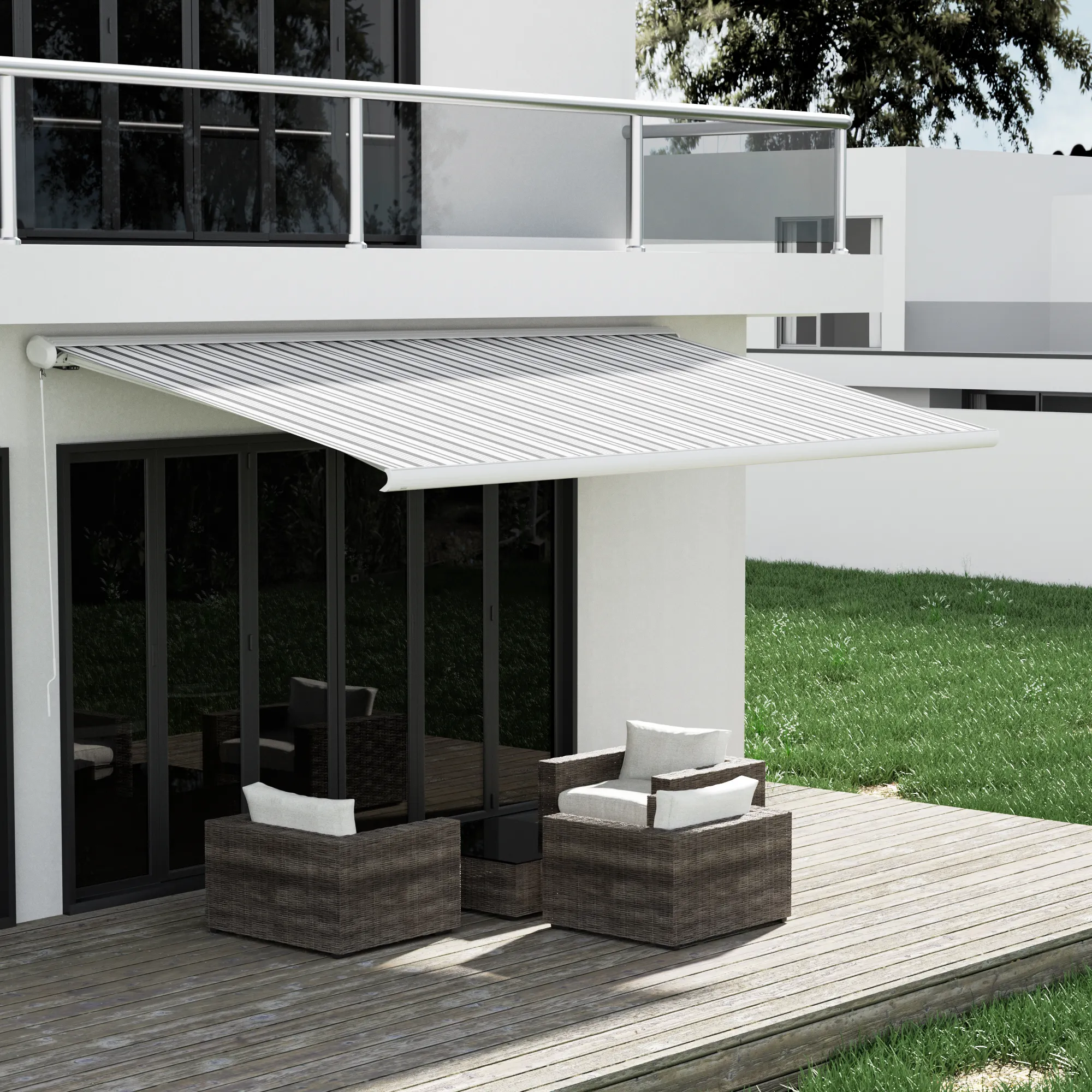 Markiza w kasecie Curve 2000 | 3,95 x 3 m / stelaż: biały / tkanina: wielokolorowa, biało-szary