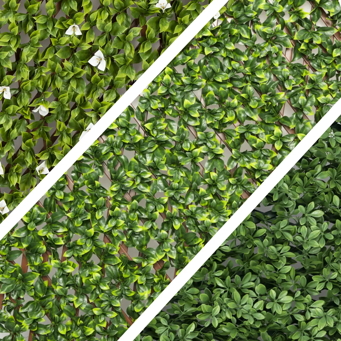 Künstliche Pflanzenwand mit verschiedenen Blattmustern in drei Abschnitten