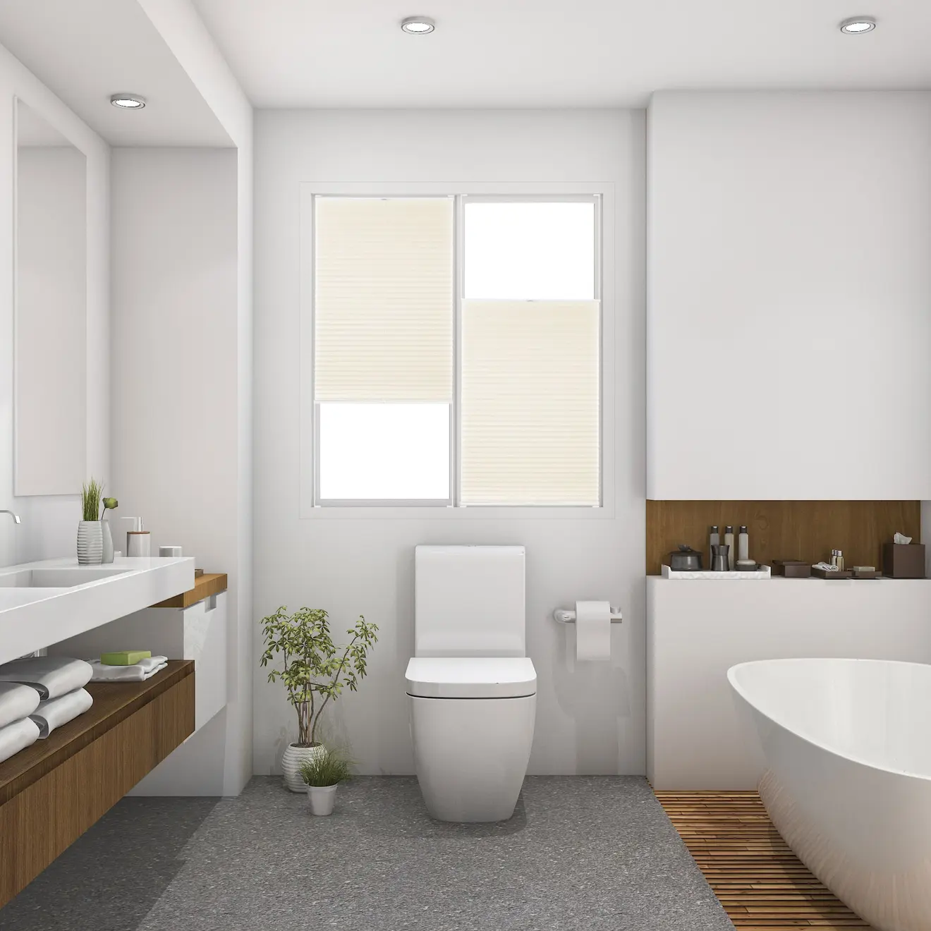 Plissee im Badezimmerfenster, moderne Einrichtung mit Badewanne, Toilette und Waschbecken