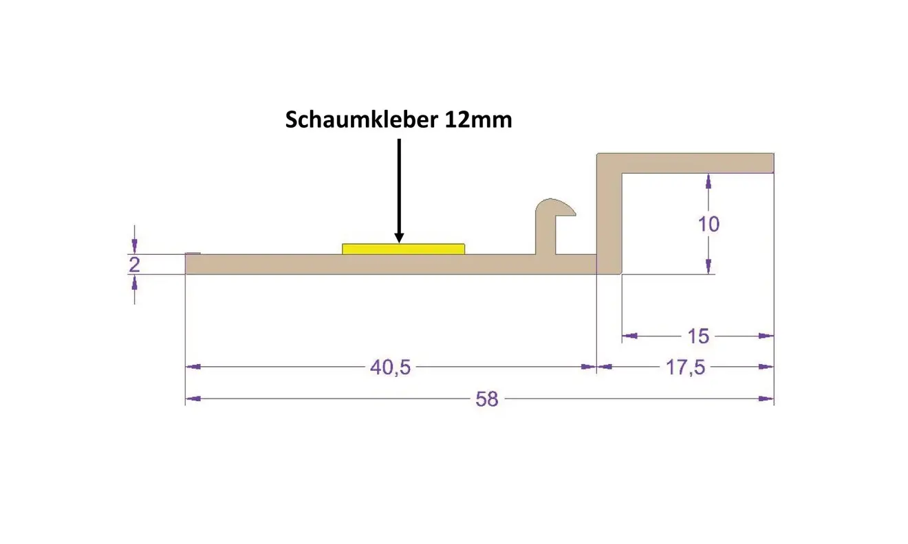 Querschnitt eines Rollladenkastendeckels mit Schaumkleber, Maßangaben in Millimetern