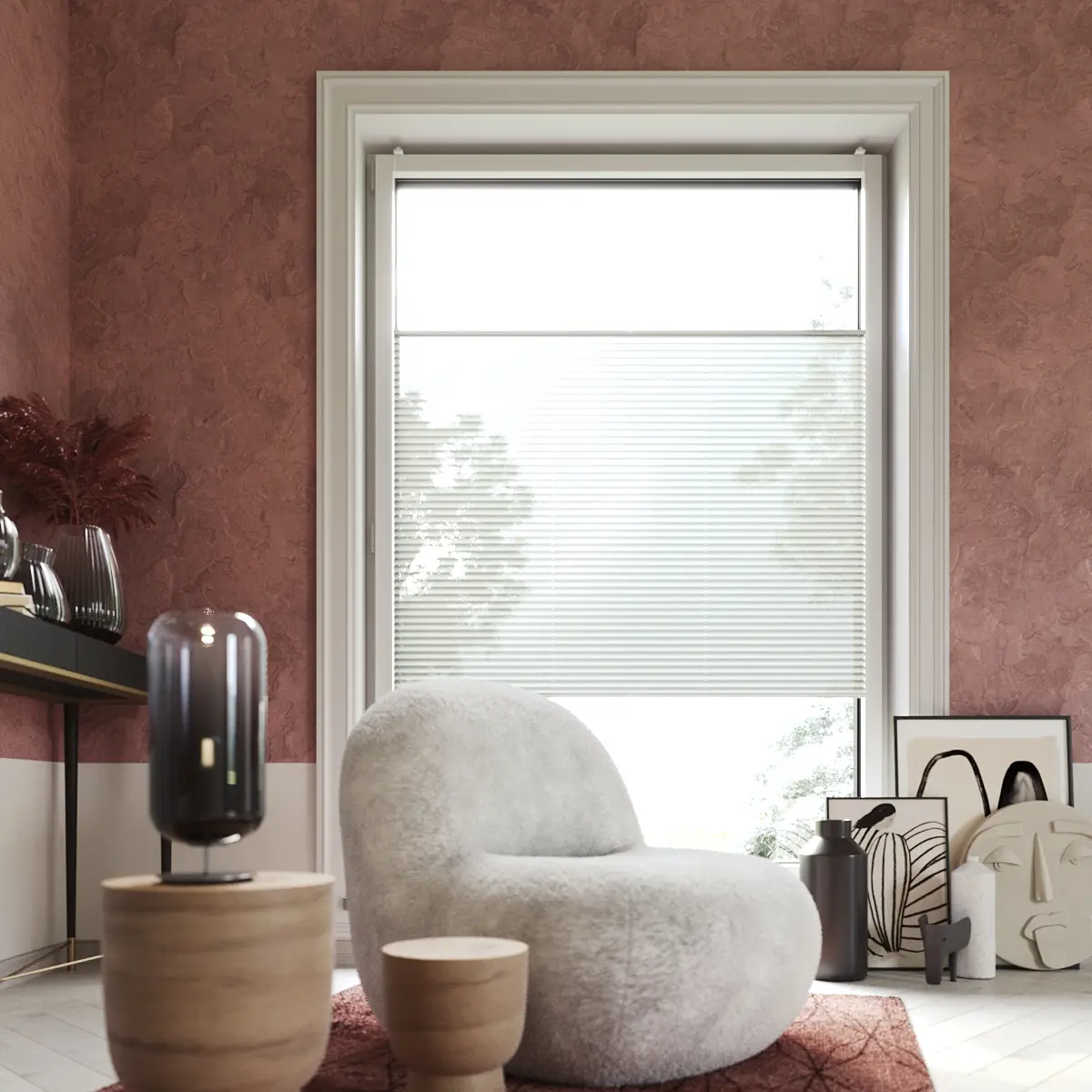 Faltstore-Plissee mit Seitenführung am Fenster, Teil des C3 COSIFLOR-Systems, in modernem Raum