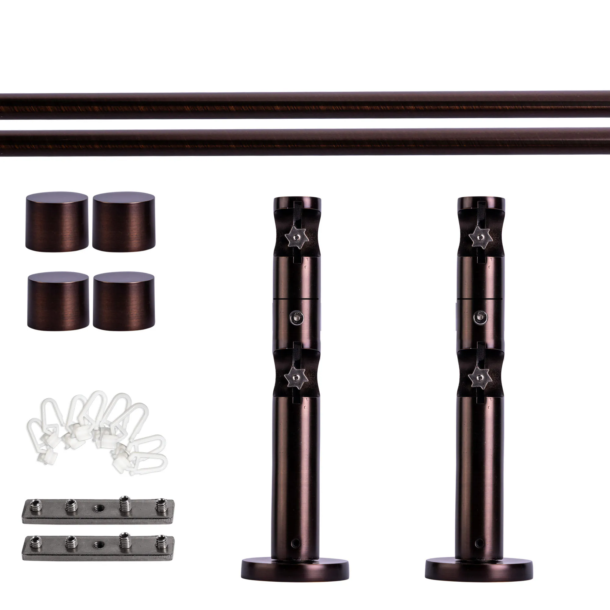 Set tringles à rideaux à rail intérieur | 2 rails, ⌀ 19 mm, 120 cm, rouge-bronze + Support mural, Embout, Glisseur