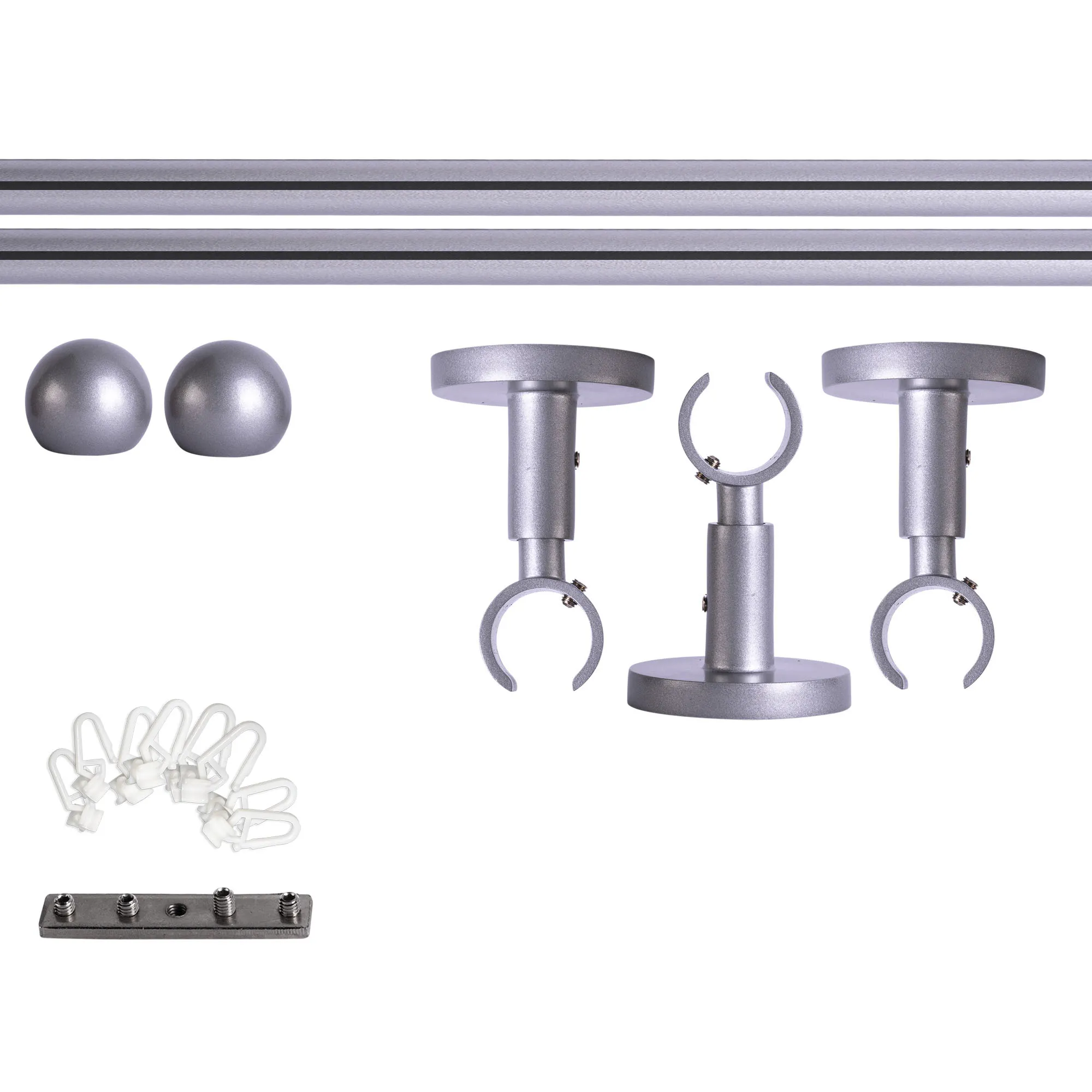 Set tringles à rideaux à rail intérieur | 1 rail, ⌀ 19 mm, 280 cm, argenté + Support plafond, Boule, Glisseur