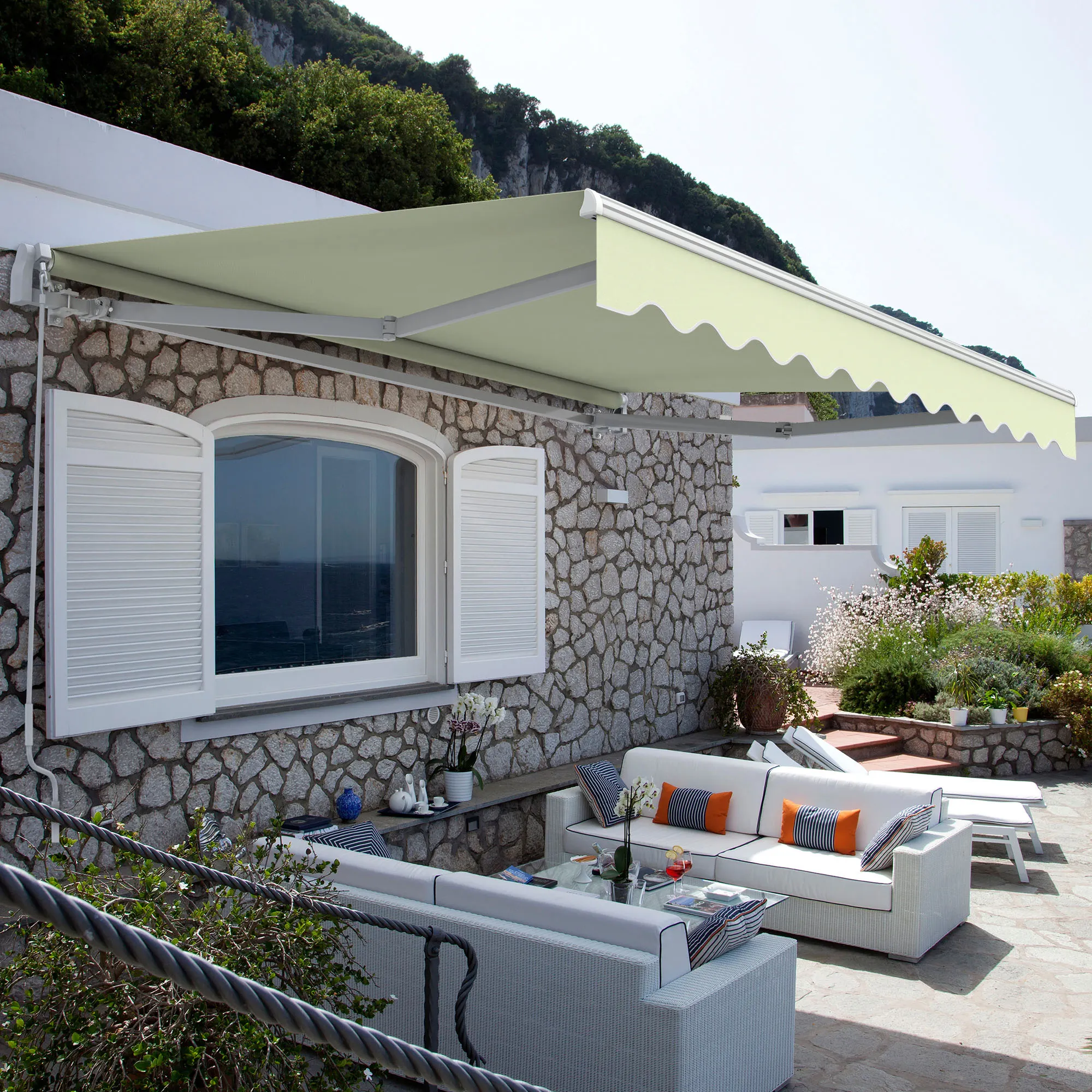 Markiza z ramionami przegubowymi Basic 2000 | 2,5 x 1,5 m / stelaż: biały / tkanina: jednokolorowa, kremowo-biały